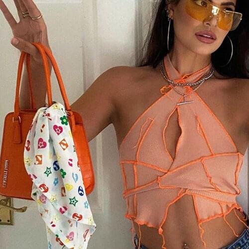 Orange Patchwork Halter Tank Top Women Sleeveless Lace Up Backless Slim Fit Crop Top 2021 Summer Sexy Cami Streetwear Clothes