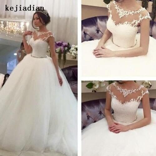 2020 Vestido De Noiva Long Ball Gown Lace Applique Wedding Dresses Hot Sale White Tulle Appliques Beaded Sash Bridal Gowns