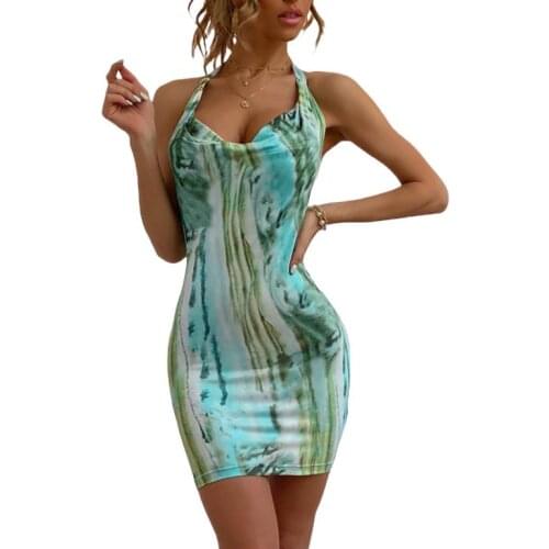 Women Summer Sheath Dress, Printing Tied Halter Neck Low-Cut Sleeveless Backless Tight Skirt for Girls, Green