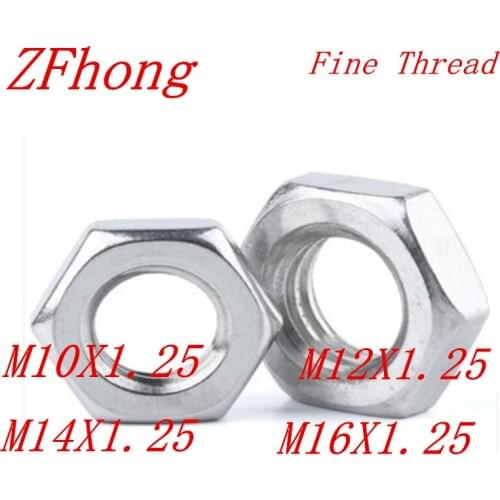 5PCS M10*1.25 M12*1.25 M14*1.25 m16x1.25 DIN934 304 Stainless Steel 304ss Thin Fine Pitch Thread Hexagon Hex Nut