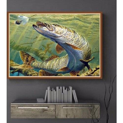 5D DIY Diamond Painting Scenery Fishing Full Round Drill Rhinestone Diamond Embroidery Big Fish Cross Stitch Mosaic Tool