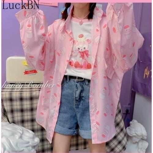Spring Blouse Women Korean Style Fashion Print Button Up Shirt Kpop Kawaii Blouses Long Sleeve Cute Top Loose Women Shirts 2021