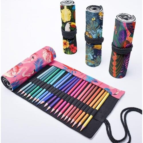 Cartoon Funny Printed Roll Pencil Case 12/24/36/48/72 Holes Harajuku Creative Girls Boys Pen Bag Drawing Storage Canvas Bags