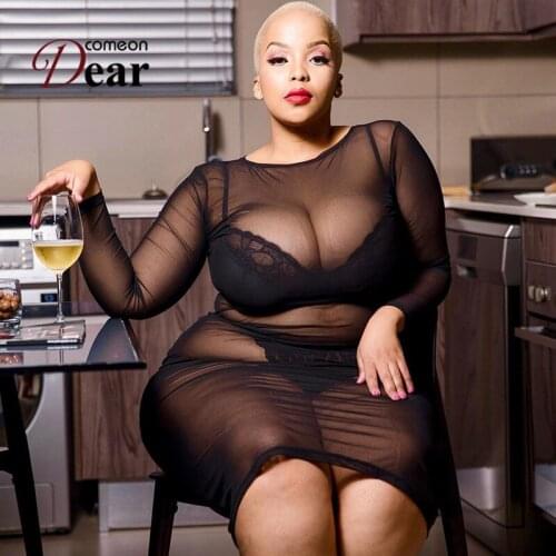Comeondear Plus Size Women Sexy Lingerie Sheer Mesh See-Through Long Sleeve Babydoll Clubwear Mini Dress Sleepwear 5XL RA80868