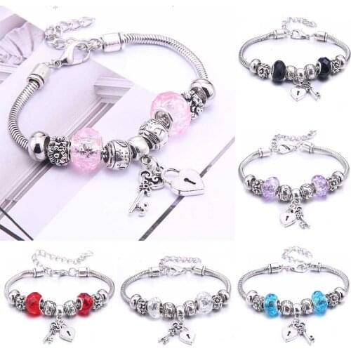 Dropshipping Charm Bracelet & Bangles Heart Lock glass beads Brand Bracelets For Women Fashion Jewelry Girl Friendship Gift