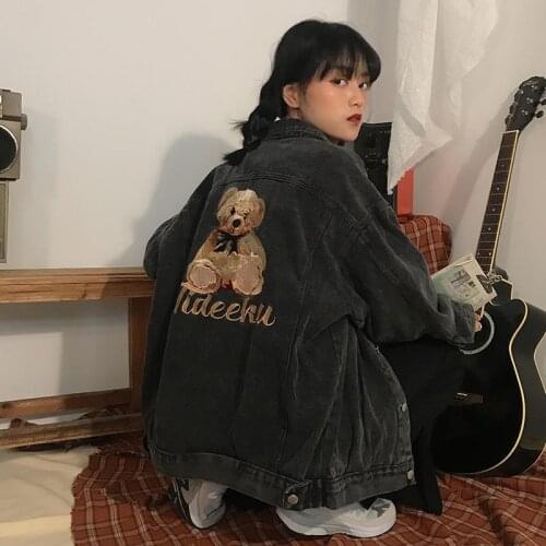 Cute Cartoon Bear Embroidery Denim Coat Korean Autumn Chic Casual Vintage Jean Jacket 2021 Autumn Loose All-match Outwear