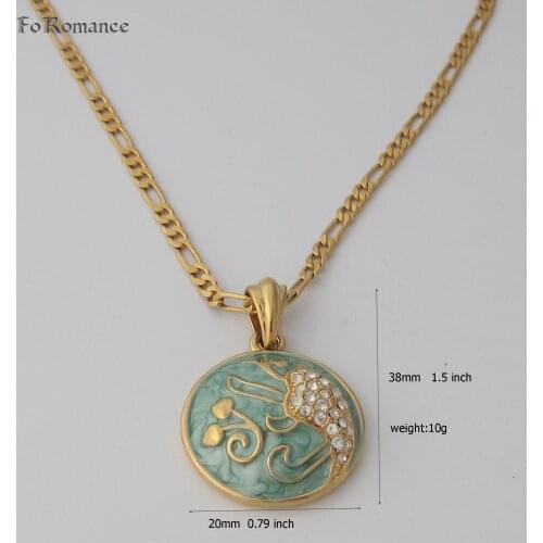 FoRomance / YELLOW GOLD GP 24" FIGARO NECKLACE & FLOWER HEART HEARTS CZ STONES BLUE ENAMEL OIL PENDANT UNIQUE HANGS 38MM 1.5"