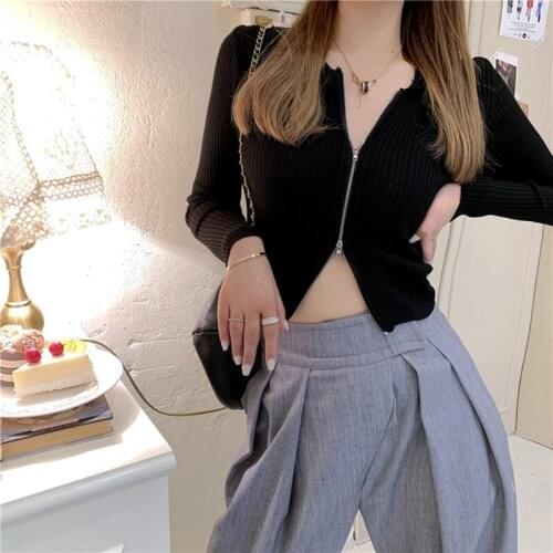 2020 Spring Autumn V-neck Ribbed Knitted Cardigan Casual Black Sweater Zipper Long Sleeve Women Cardigans Female Slim Short Tops