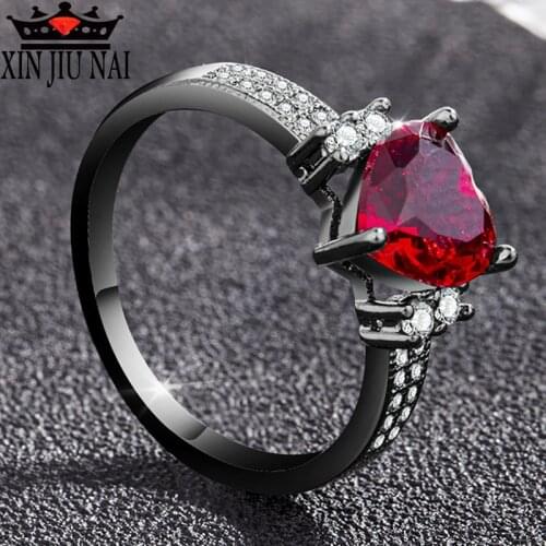 Punk Black Gold Red Love Heart Rings For Women Engagement Ring Female Womens Cubic Zirconia Wedding Party Jewelry Size 6-10