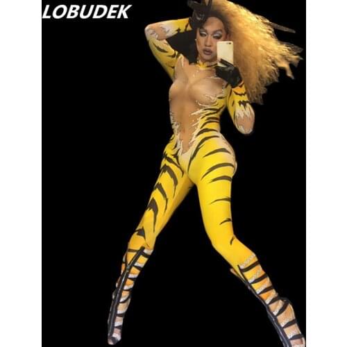 Tiger pattern printing Crystal Jumpsuit Acrobatics Stage Show Costume Nightclub Female DJ Singer DS Performance Clothes Bodysuit