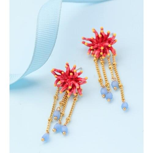 Creative enamel flower earrings female fashion long tassel pendants show face thin earrings ear clips without pierced ears