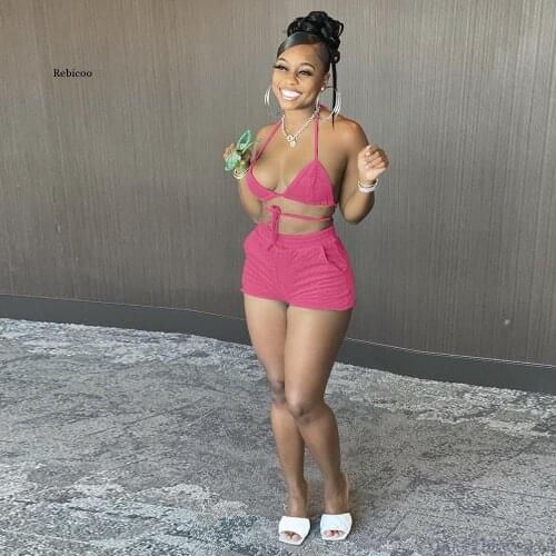 Summer Women Two Piece Bikini Set Summer Outfit Halter Neck Backless Crop Top and Elastic Waist Beach Short Suits