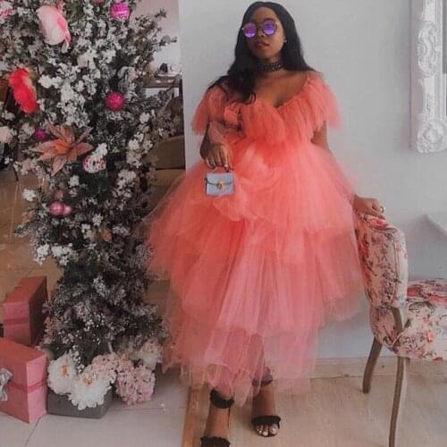 Fashion Coral Red Tulle Women New Year Christmas Party Dresses 2021 Puffy Ruffles Tiered Mesh Tulle Women Dress V-neck
