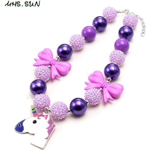 MHS.SUN Trendy Baby Jewelry Cute Unicorn Pendant Kids Necklace Purple Bowknot Beaded Necklace For Girls Children Party Gift 1PC