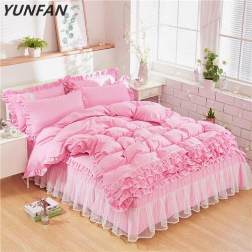 New Luxury Bedding Set Princess Bow Ruffle Duvet Cover Wedding Bedding Pink Girl Baby Bed Skirt quilt Cover sets twin bedclothes