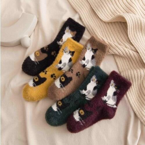 New Winter Coral Cashmere Socks Japan And South Korea Cute Cartoon Animal Cat Long Plush Thick warm Lovely Kawaii Girl Socks