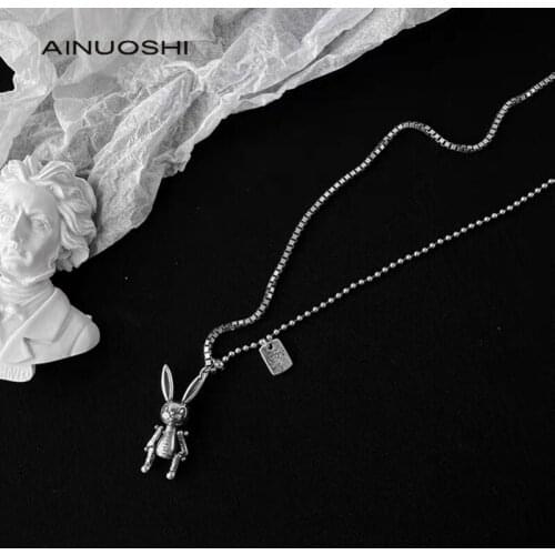 AINUOSHI 925 Sterling Silver Personality Robot Rabbit Pendant Necklace Fashion Animal Pendant White Gold Chain Party Jewelry