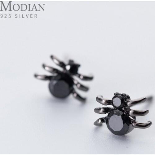 Modian Rock Black Zircon Fashion Spider Stud Earrings for Women Ear Studs Jewelry for Girls Kids 925 Sterling Silver Jewelry