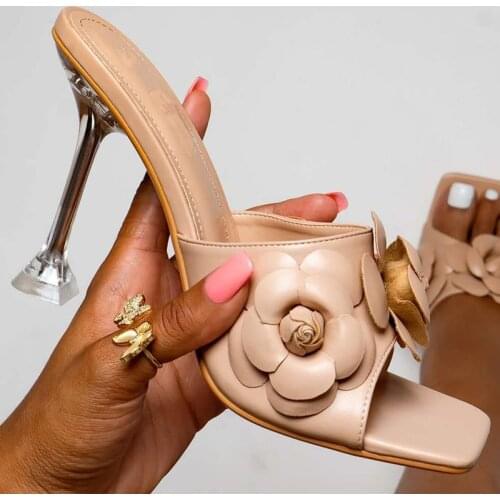 Fashion High Heels Slippers 2021 Thin Heels Flip Flops Flower Slides Summer Female Outside Korean Style Shoes Slippers Pumps