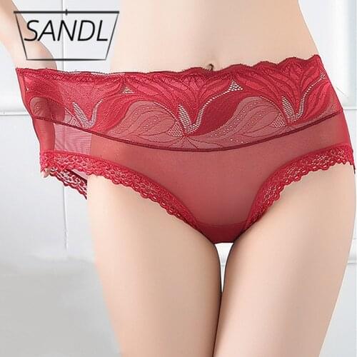 SANDL Womens Underwear Panties For Female Mid-Waist Sexy Lace Lingerie Translucent Cotton High-Elasticity Ladys Briefs Hot
