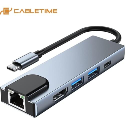 CABLETIME USB C Hub to HDMI USB3.0 RJ45 100Mbps PD Fast Charging Converter for Laptop Samsung Mate40 USB C Devices H18