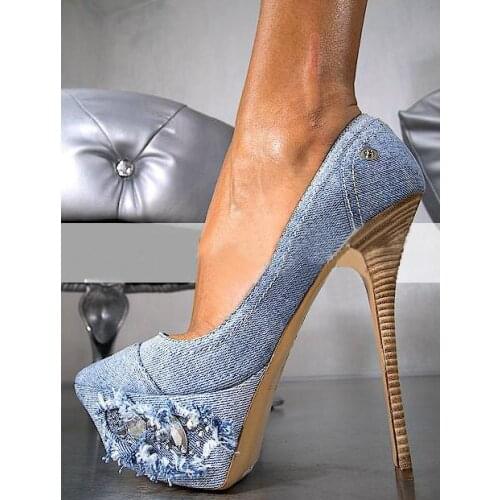 Spring Fashion High Platform Women Sexy Denim Pumps Crystal Side Ladies High Heels 2017 Hot Female Dress Shoes Party Stilettos
