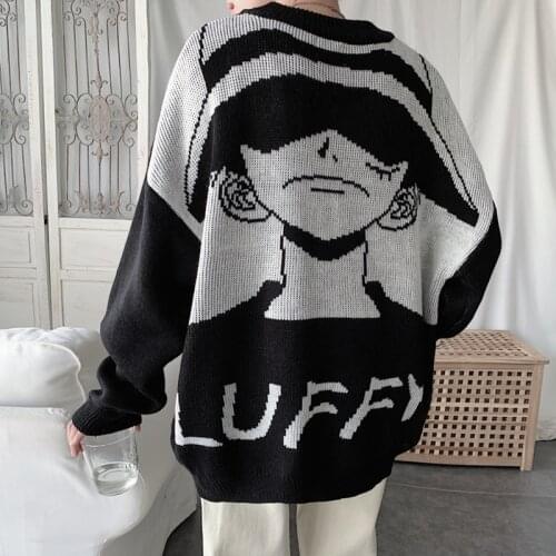 Japan Anime One Piece Sweater Cartoon luffy knitwear Cute Fashion Tops Pullovers Black White