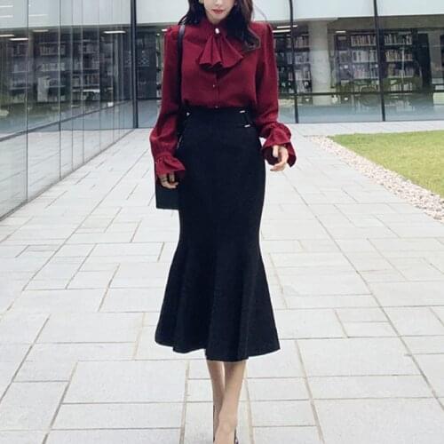 New 2 Pieces Set Women Spring Autumn Bow Tie Shirts Blouses And High Waist Bodycon Mermaid Skirts Korean Chic Office Lady Suit