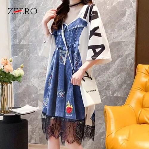 Summer Korean Casual Fake Two Dresses for Women V-Neck Half Sleeve Letter Splicing Lace Sequins Printing Loose A-Line Mini Dress