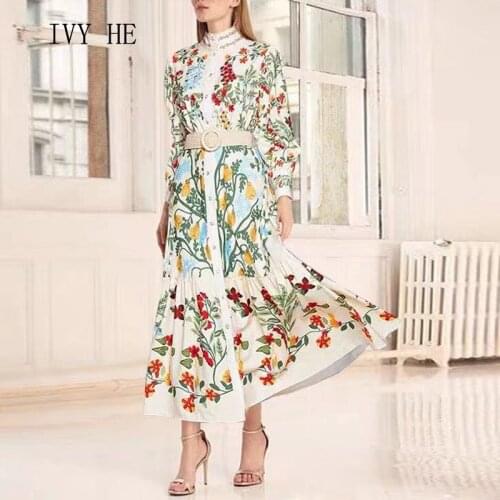 IVY HE High Quality Autumn Dress Woman Clothing Floral Print Loose Waist With Waistband White Party Vintage Long Dresses Traf ZA
