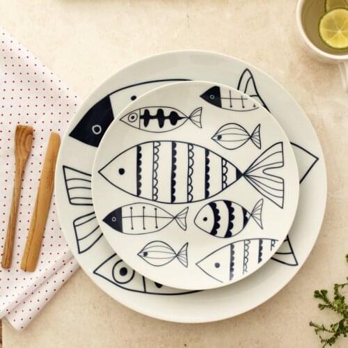 10 Inch Cartoon Fish Printed Under Glazed Dishes & Plates Ceramic Kitchen Tableware Plate Pastoral Decorative Round Porcelain