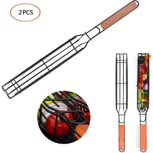 2PCS BBQ Basket Iron Non-Stick Mesh Barbecue Clamp Outdoor Camping Barbecue Tool Cooking Accessories