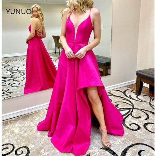 YUNUO Satin Prom Dresses Long 2021 Cross Straps Back rochii Dress Evening Party Wear For Women Formal Hi-lo vestidos de gala