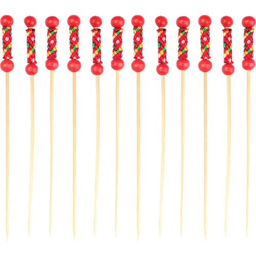 Free Shipping - Party Wedding Bar Supplies Disposable Tableware, 120mm Cocktail Red Braided Bamboo Pick Fruit Skewer, 100/Pack