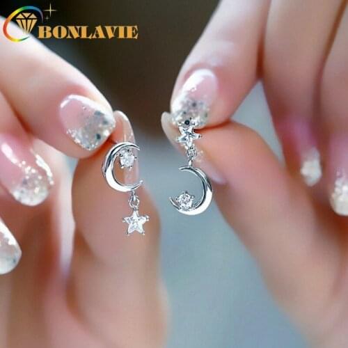 BONLAVIE Sterling Star Moon Zircon Ear Stud Womens Fashion Ear Stud Elegant Five-pointed Star Versitile Fashion