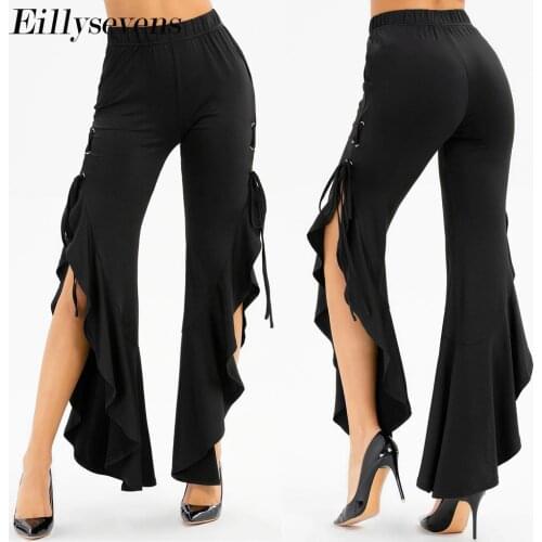Womens Fashion High Waist Pants Ladies Black Evening Party Wear Casual Pants Long Trousers Side Slit Flared Bell Bottom Pants