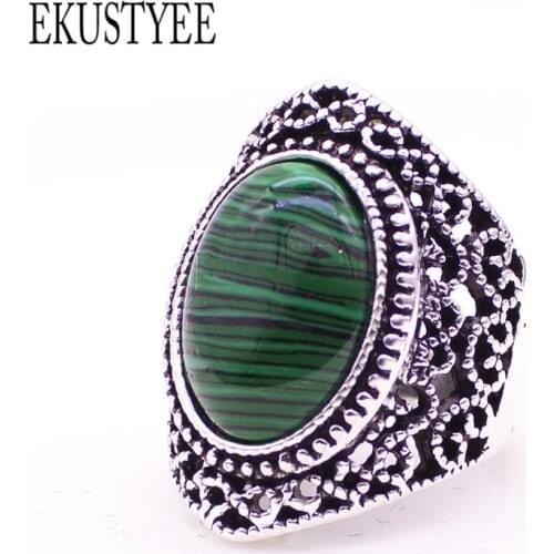 EKUSTYEE Hollow Green Stone Rings men and women High Quality Vintage Ancient silver Plated Stone Rings Newest Fashion Jewelry