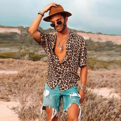 Fashion Men Leopard Print V-neck T-Shirts Casual Tshirt Shorts Sleeve Tops Summer Holiday Streetwear T Shirt Plus Size S-3XL