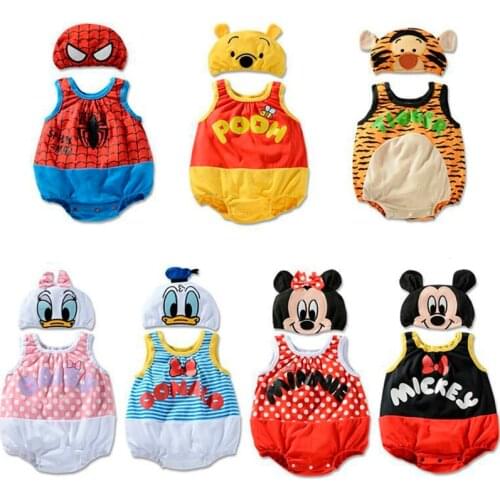 Baby Boy Girl Rompers Newborn Rompers Hats 2PCS Set Cartoon Mickey Minnie Pooh Infant Bebe Cotton Jumpsuits Clothing Set