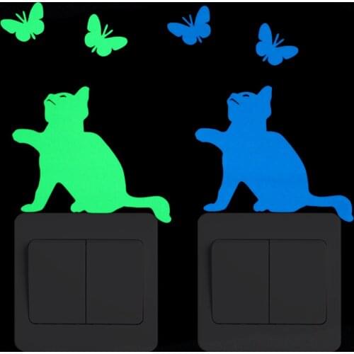 Cat Catch Butterfly Luminous Switch Sticker Child Boy Girl Bedroom DIY Personalized Decoration Wall Sticker Cartoon Animal Decal