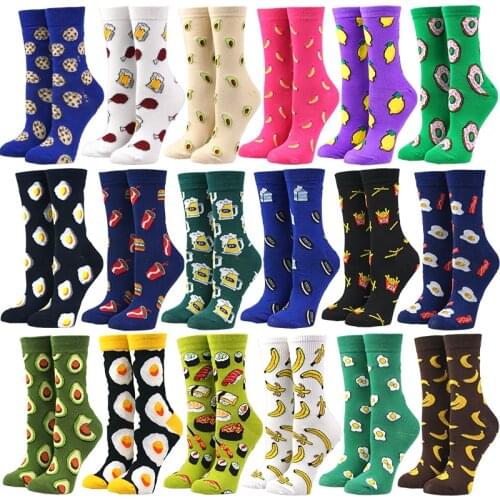 Women Socks Funny Cute Cartoon Fruits Banana Avocado Lemon Egg Cookie Donuts Food Happy Japanese Harajuku skateboard Socks