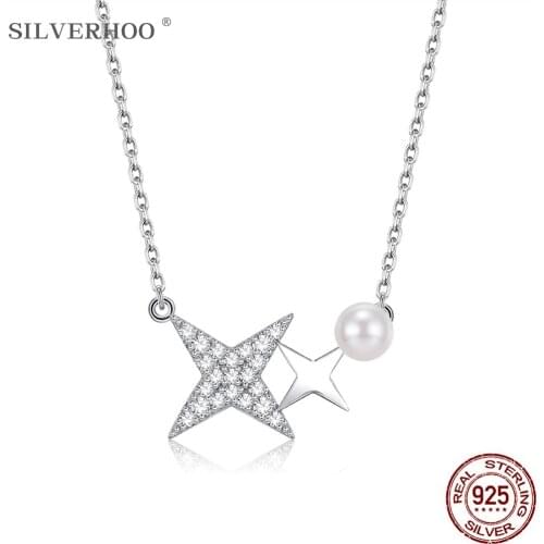 SILVERHOO S925 Sterling Silver Star Pendant Necklace For Women Smooth Pearl With Cubic Zircon Necklace Chain Girl Festival Gift