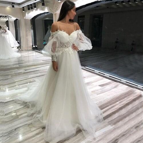 Spaghetti Long Sleeves A Line Wedding Dresses Lace Appliques Puffy Sweetheart Neck Off the Shoulder Tulle Plus Size Bridal Gowns