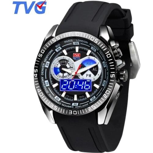 Sports Men Watches Quartz Dual Movement Men Clock Waterproof TVG 468G Brand Military Men Rubber Watchband Blue LED Dual Display