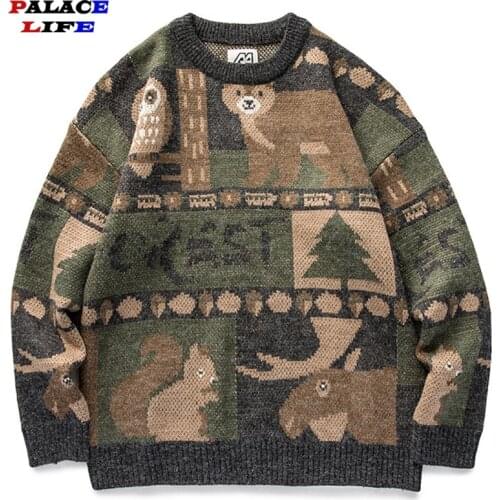 Forest Mountain Bear Knitted Sweater Mens Streetwear Hip Hop Harajuku Couples Casual Knitwear Pullover Fashion Tops Autumn 2021