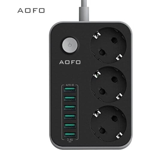 AOFO Power Strip with USB Ports Long Cord Universal Socket 3 Outlets Surge Protector 6 Quick USB (5V 3.4A 17W) Charging Station