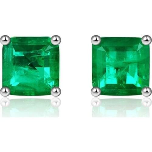 Vintage 100% Real 925 Sterling Silver 7MM Emerald Gemstone Stud Earrings For Women Anniversary Party White Gold Earring Jewelry