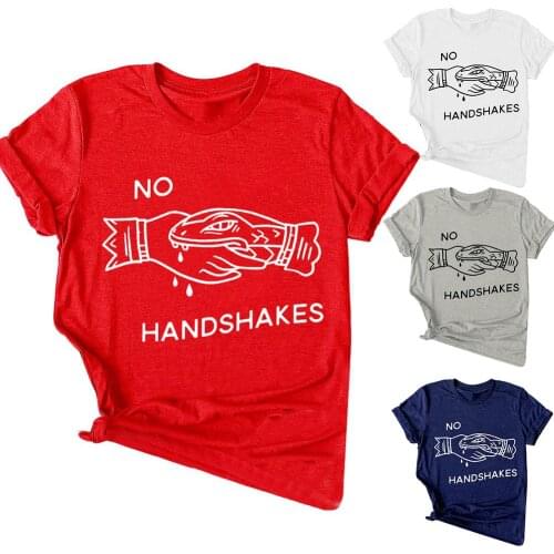 NO HANDSHAKES Print Women Breathable Short Sleeve O Neck Loose Blouse T-shirt