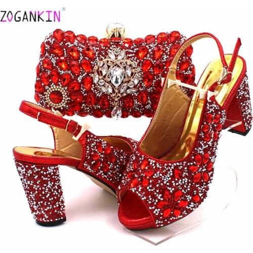 Red Color INS Hot Selling African Women Shoes and Bag to Match Nigerian Ladies Shoes and Bag Set for Wedding with Crystal