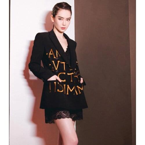 2020 Autumn Black Blazer Fashion Embroidered Jacket Long Sleeved Slim Suit Women V-Neck Overcoat Female New Design Clothes